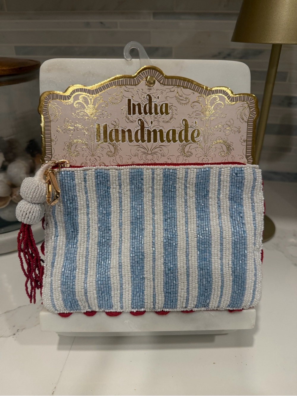 Made in India NEW Beaded Pouch with Blue and White Stripes with Red accents